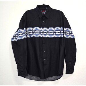 Roper Men's Large Long Sleeve Black and Blue Western Pearl Snap Rodeo Vintage